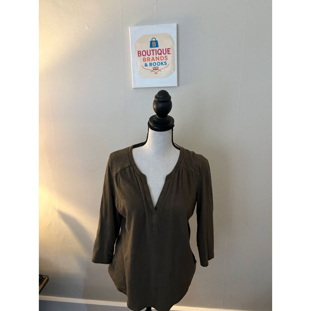 Boden Olive Green Split V-Neck Tunic Top — 3/4 Sleeve, Size S